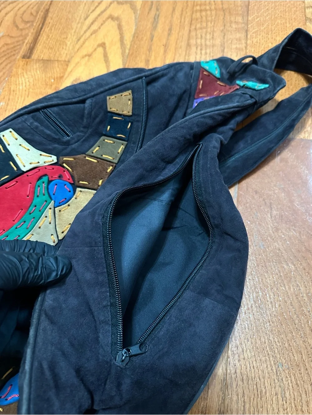 Black Suede Bird Carrier Backpack with Red & Blue Parrot Design